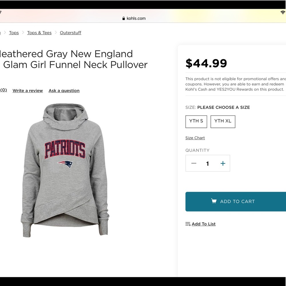New England patriots kids large grey hoodie